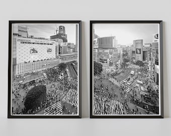 Shibuya Tokyo Black and White Travel Poster Set of 2, Japan Photography Prints, Digital Download