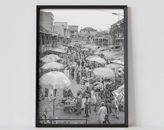 Lagos Nigeria Black and White Travel Poster, Oshodi Market Photography Print, Africa Wall Art, Digital Download