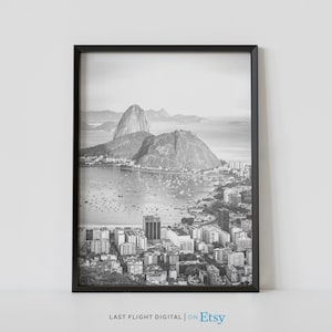 Brazilië print, Rio de Janeiro poster, Christus de Verlosser, Brazilië kunst aan de muur, reizen, zwart-wit foto, Zuid-Amerika, strand, Brazilië poster