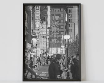 Kabukicho Shinjuku Tokyo Black and White Travel Poster, Night Street Photography Print, Japan Wall Art, Digital Download