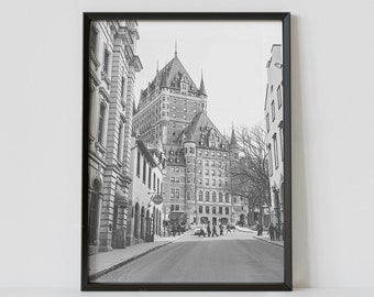 Quebec City Canada Black and White Travel Poster, Château Frontenac Photography Print, Digital Download