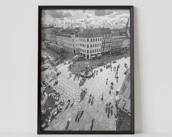 Copenhagen Denmark Black and White Travel Poster, Cityscape Photography Print, Europe Wall Art, Digital Download