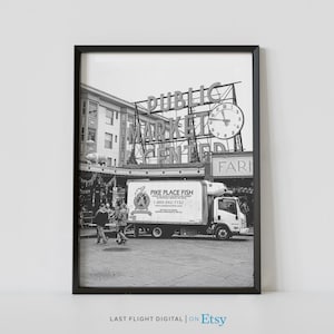 Seattle Print, Pike Place Market, Seattle Poster, Cityscape, Washington State, Black and White Photo, City Streets, Space Needle, Skyline