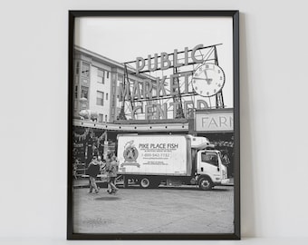 Seattle Print, Pike Place Market, Seattle Poster, Cityscape, Washington State, Black and White Photo, City Streets, Space Needle, Skyline