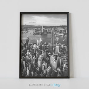 Hong Kong Poster, China Poster, City Street, Downtown, China Art, Hong Kong Print, China Print, Black White Photo, Skyline, Cityscape