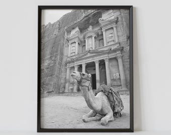 Petra Jordan Black and White Travel Poster, The Treasury Photography Print, Middle East Wall Art, Digital Download