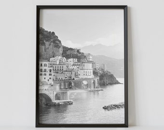 Amalfi Coast Italy Black and White Travel Poster, Atrani Photography Print, Europe Wall Art, Digital Download