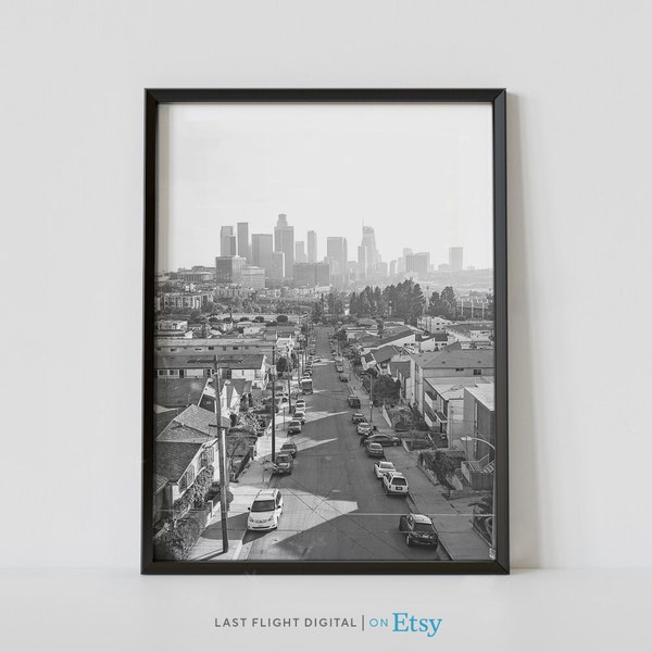 Los Angeles Print, California Poster, Downtown LA, Los Angeles Poster, Black and White Photo, United States, City Street, Cityscape, Skyline