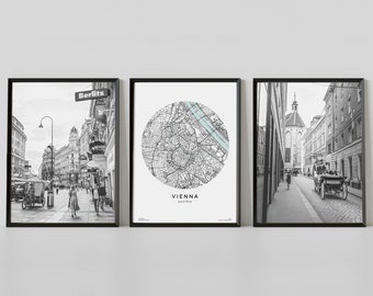 Zestaw 3 czarno-białych plakatów podróżniczych Wiedeń Austria, mapa Wiednia i wydruki fotografii, wersja cyfrowa do pobrania