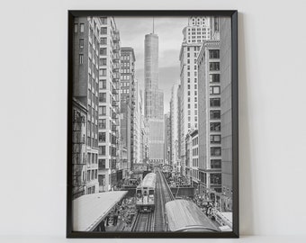 May include: A black and white photograph of a train travelling through a city street lined with tall buildings. The train is in focus, while the buildings are blurred in the background.