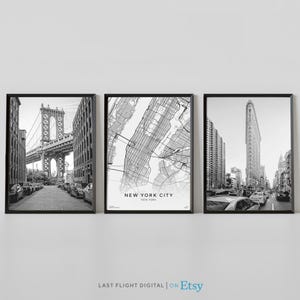 Impresión de Nueva York, juego de 3, puente Dumbo de Manhattan, Flatiron, póster de Nueva York, ciudad de Nueva York, NYC, foto en blanco y negro, mapa de Nueva York, paisaje urbano