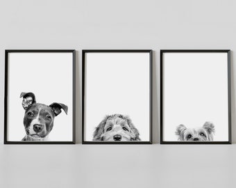 Dog Print, Set of 3, Peeking, Terrier, Labradoodle, Yorkshire, Dog Poster, Staff, Puppy Print, Black and White Dog Print, Puppy Poster, Kids