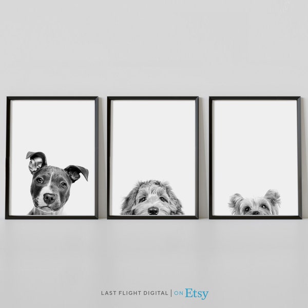 Dog Print, Set of 3, Peeking, Terrier, Labradoodle, Yorkshire, Dog Poster, Staff, Puppy Print, Black and White Dog Print, Puppy Poster, Kids