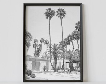 Plakat podróżniczy Palm Springs w Kalifornii w czerni i bieli, wydruk fotografii nowoczesnej architektury palmowej, pobranie cyfrowe