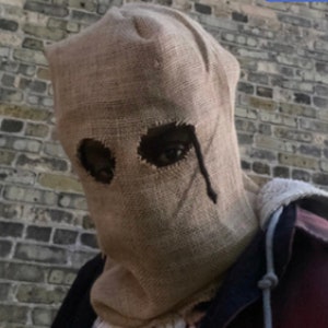 Burlap sac mask / with eye visibility / you can see with this mask on / ski mask / knit ski mask / balaclava/ visibility/ Halloween mask