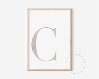 Lámina decorativa con la letra C para imprimir, lámina decorativa con el alfabeto C en tonos neutros y sencillos, decoración moderna con monograma C (descarga digital).