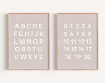 Juego de 2 pósteres educativos, arte de pared para guardería en color beige neutro, decoración con el alfabeto y los números Montessori, lámina minimalista para niños pequeños, decoración para sala de juegos.