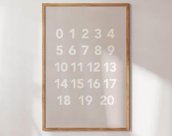 Póster educativo, arte de pared para guardería en color beige neutro, decoración Montessori con números del 0 al 20, lámina minimalista escandinava para niños pequeños, decoración Oatmeal 123