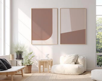 Juego de 2 láminas de arte mural en terracota Japandi, estampado abstracto en tonos neutros cálidos, arte minimalista en beige y marrón, decoración escandinava (descarga digital).