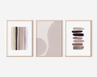 Juego de 3 láminas de arte de estilo escandinavo, arte de pared Japandi, arte de lujo discreto para colocar sobre la cama: beige suave, burdeos, gris topo, rosa arcilla, pared de galería