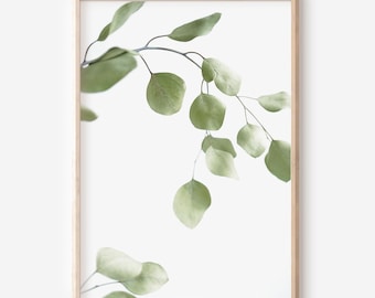 Neutrale botanische Wandkunst, Eukalyptusblätter, neutrales grünes Dekor, minimalistisches Poster, weiches grünes Blätterplakat (Digitaler Download)