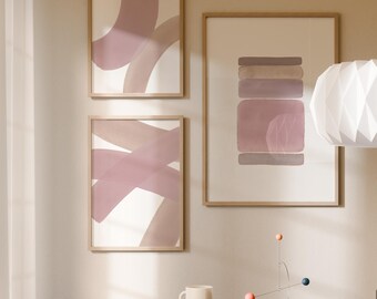 Juego de 3 láminas de arte escandinavo: Arte de pared rosa rubor, formas orgánicas, decoración Japandi, arte para encima de la cama, lujo discreto, rosa pálido y malva empolvado.