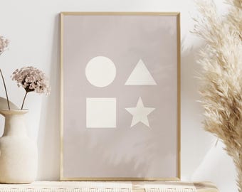Póster educativo, arte de pared para guardería en color beige neutro, decoración Montessori de formas simples, lámina minimalista escandinava para niños pequeños, decoración en color avena.