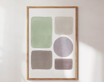 Lámina artística escandinava en verde salvia, arte de pared neutro, decoración de formas orgánicas, póster artístico de lujo discreto para dormitorio, spa japonés suave de mediados de siglo