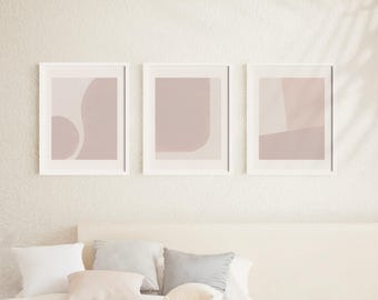 Juego de 3 láminas de arte Japandi: Arte de pared en color beige arcilla, formas orgánicas, decoración escandinava, arte para colocar sobre la cama, lujo discreto en rosa neutro suave.