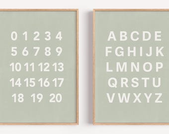 Juego de 2 pósteres educativos, decoración de pared infantil en verde salvia, alfabeto Montessori con números, lámina minimalista para niños pequeños (descarga digital).