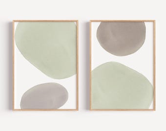 Juego de 2 láminas decorativas de formas orgánicas para pared: láminas abstractas en verde salvia y gris topo suave, decoración escandinava, arte de lujo discreto para colocar sobre la cama, tonos tierra.
