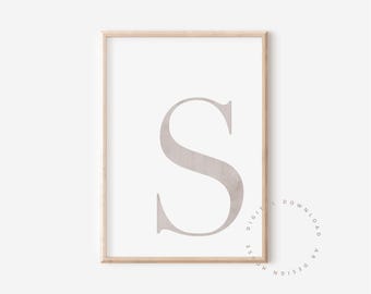 Lámina decorativa con la letra S para imprimir, lámina decorativa con el alfabeto S en tonos neutros, decoración moderna con monograma S, póster con la inicial S (descarga digital).