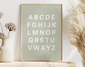 Póster educativo, arte de pared verde salvia para guardería, decoración del alfabeto Montessori, lámina minimalista escandinava para niños pequeños, decoración ABC para sala de juegos