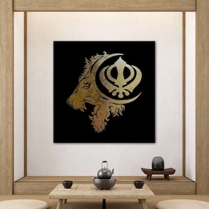 Handgemachte Khanda mit Löwe | Sher Foil Art on Canvas | Sikh Kunst | Punjabi Kunst Wandbehang | Wohnkultur | Punjabi Geschenkartikel | Sikh Artikel |
