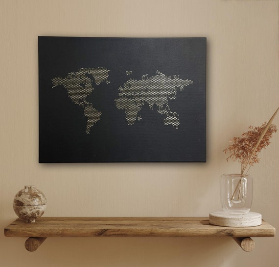 Custom Handmade World Map Canvas, Unique Travel-Inspired Home Decor, Modern Living Room Art, Rustic Wall Decoration Gift Idea