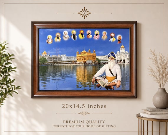 Shaheed Baba Deep Singh Ji Framed Poster, Golden Temple, Sikh Gift