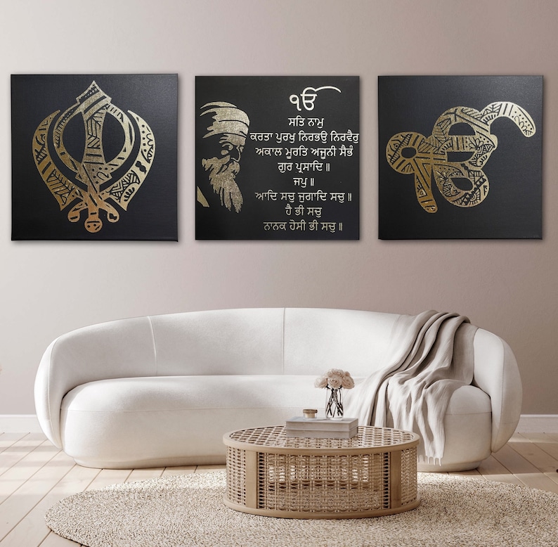 Spiritual Guru Nanak Dev Ji gold foil canvas portrait for Punjabi home decor