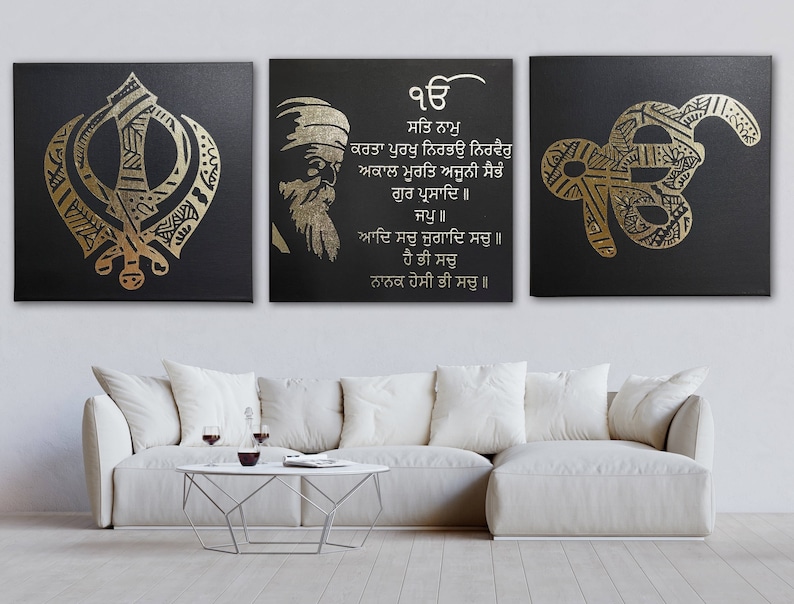 Handmade Gold Foil Sikh Wall Art Set of 3 with Guru Nanak Dev Ji, Mool Mantar, and Ek Onkar Khanda Canvas Art
