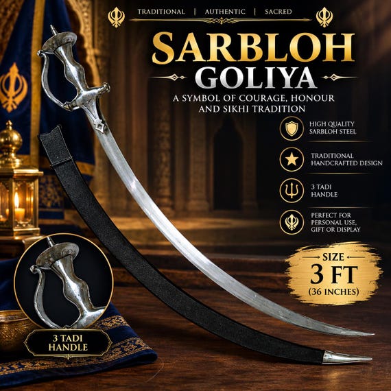 38-Inch Sarbloh Kirpan with 3 Tadi Goliya - Finished Sikh Shastar, Large Ceremonial Sword & Religious Gift