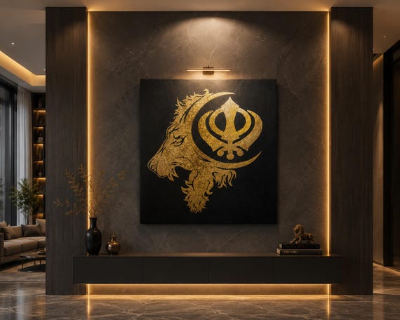 Handcrafted Khanda Lion Canvas Art | Luxury Sikh Wall Decor | Premium Punjabi Warrior Wall Art | Khalsa Home Decor