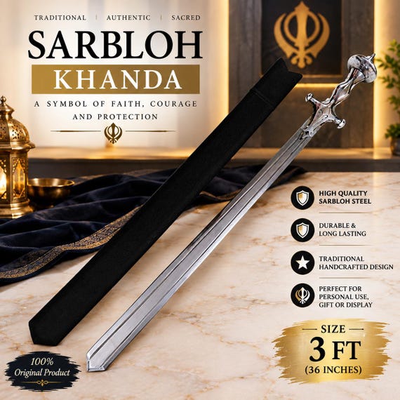 3 Foot Sarbloh Khanda Sahib - Finished Iron Sikh Shastar, Baba Deep Singh Ji Style Ceremonial Sword & Religious Decor