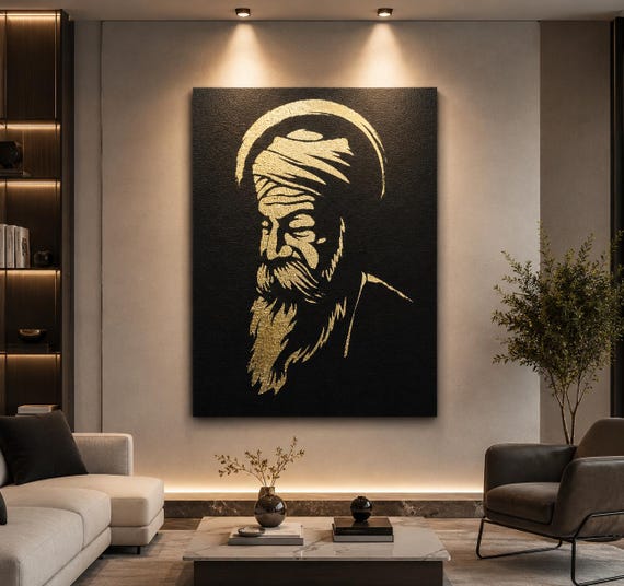 Guru Nanak Dev Ji Handmade Foil Art Canvas | Luxury Sikh Wall Decor | Premium Spiritual Punjabi Artwork | Heirloom Sikh Home Decor