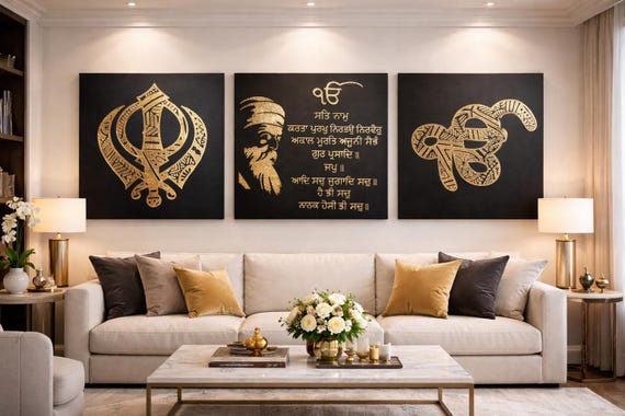 Guru Nanak Dev Ji Mool Mantar Canvas Foil Art | Big Sikh Wall Decor | Khanda Ek Onkar Artwork | Premium Gold Foil Large Wall Art | Sikh Gift