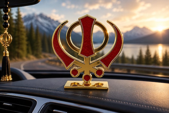 Metal Khanda Car Dashboard Accessory, Sikh Sacred Symbol Statue, Punjabi Car Decor, Spiritual Sikh Gift Item, Religious Car Hanging Stand