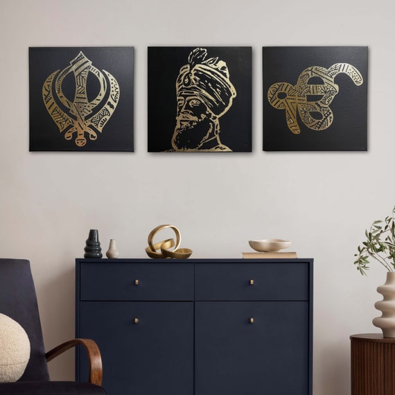 Guru Gobind Singh Ji, Khanda, Ek Onkar Mandala, Set of three, Sikh Wall Art, Sikh Home Decor, Punjabi Gift items, Sikh Items,