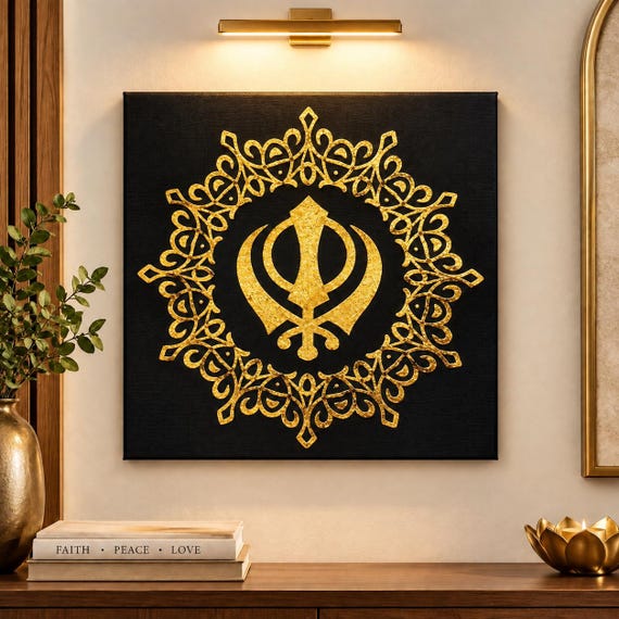 Handmade Sikh Khanda Mandala Canvas Wall Art | Metallic Foil Punjabi Home Decor | Sikh Gift Item