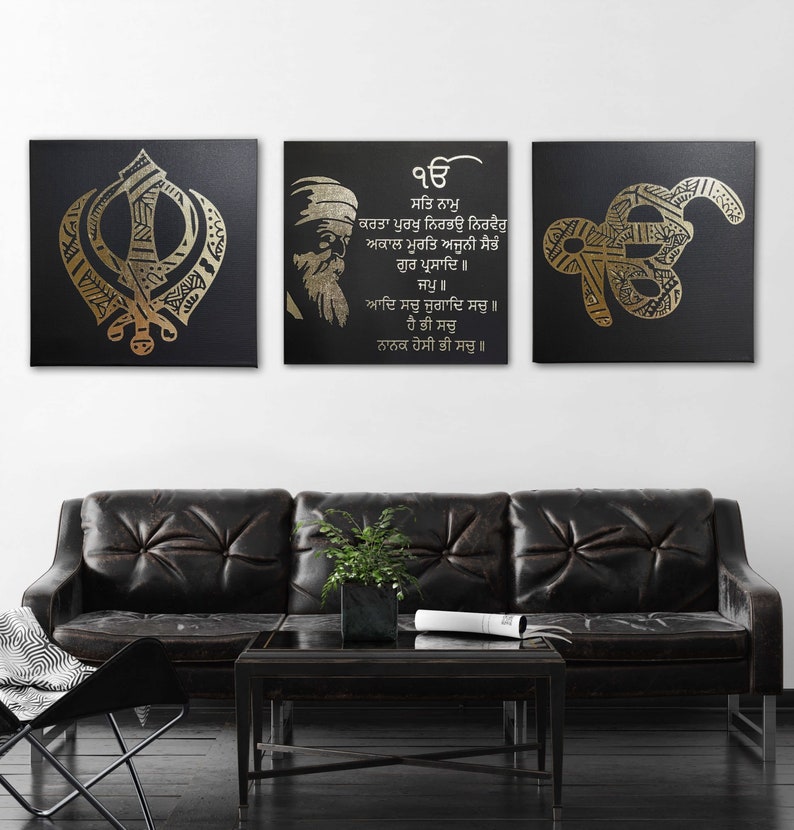 Luxury gold foil Ek Onkar Khanda symbol canvas artwork set of 3