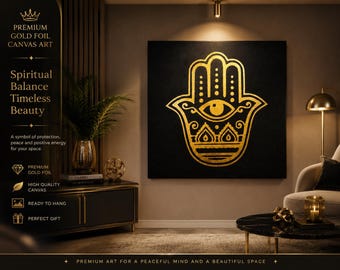 Kunstcanvas met boze oog-folie, Hamsa-hand wanddecoratie, gouden folieprint van het boze oog, spirituele woondecoratie, beschermende wanddecoratie