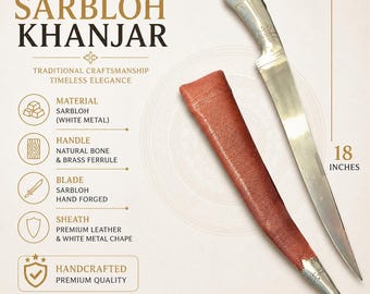 以下が含まれることがあります： 白金属の刃と柄、赤い革鞘を備えた、手作りのSarbloh Khanjarナイフ。 ナイフの全長は約45.7cmで、天然骨と真鍮のフェルールハンドルが付いています。 画像には「Premium Sarbloh Khanjar」と書かれたテキストが含まれています。