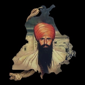 May include: A wooden cutout of the state of Punjab, India, with a painting of a man wearing a turban and beard. The man is wearing a white robe and has a serious expression on his face.